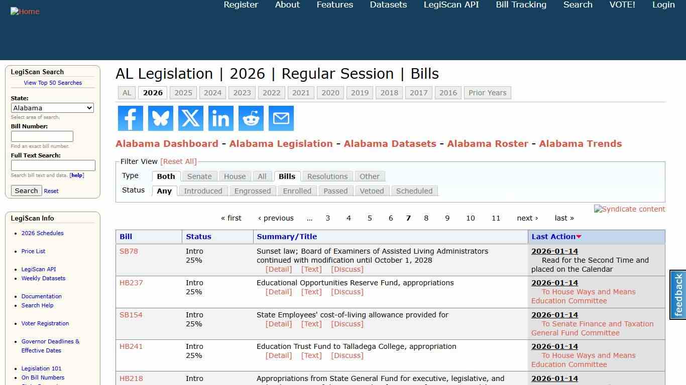 AL Legislation 2026 Regular Session Bills LegiScan